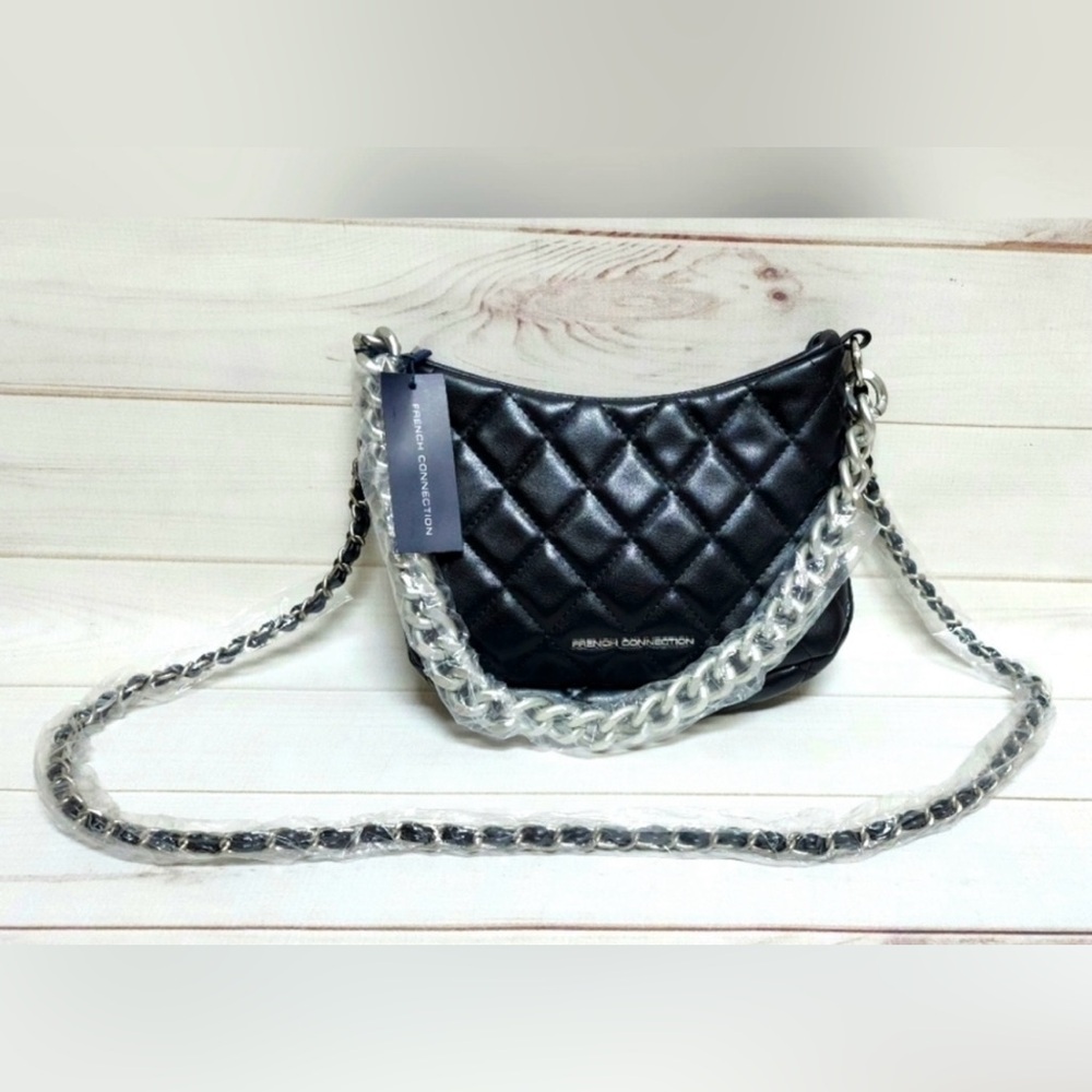 French Connection Eliza Black Quilted Shoulder Bag with Chain Straps